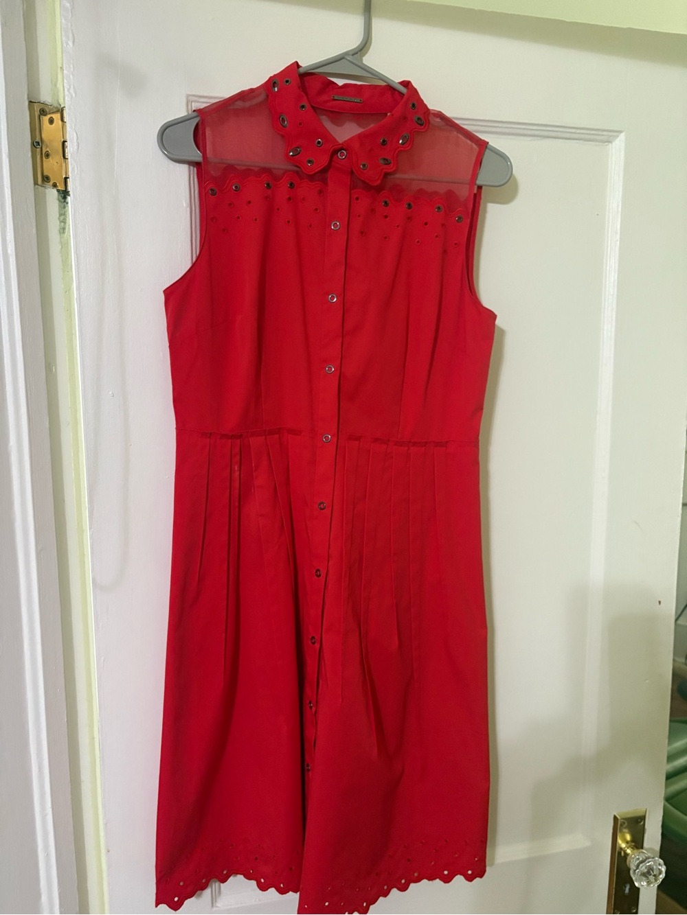 Elie Tahari Deep Orange Sleeveless Eyelet-Collar Snap-Front Dress